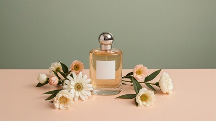 Minimalist perfume bottle with peach flowers