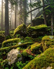 Misty forest floor with moss-covered rocks