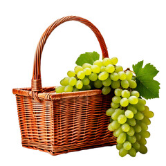 Wicker basket overflowing with freshly green grapes isolated on white