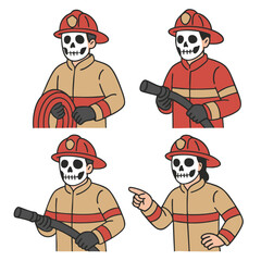 Firefighter skeleton cartoon uniform helmet hose glove pointing illustration emergency