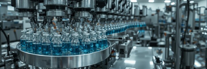 High tech pharmaceutical assembly line with robotic arms