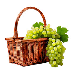 Wicker basket overflowing with freshly green grapes isolated on white