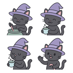 Cute black cat witch stirring cauldron, drinking potion, smiling, waving, wearing purple hat
