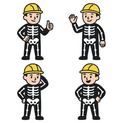 Cartoon construction worker in skeleton costume, yellow helmet, various cheerful poses
