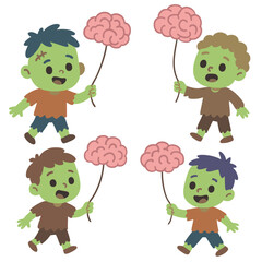 Cute cartoon zombie children holding brain shaped candy, happy expression, isolated white