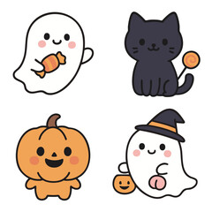 Cute ghost, black cat, pumpkin, and witch ghost with candy, Halloween cartoon illustration