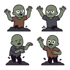 Zombie cartoon character rising from ground, four emotional expressions, green skin