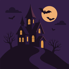 Haunted house, full moon, bats, dark sky, spooky trees, Halloween night, silhouette