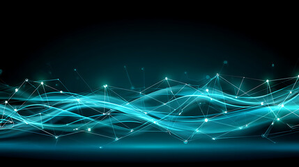 Abstract digital network with glowing blue waves and connected nodes on a dark background