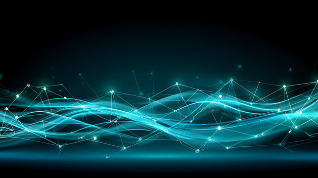 Abstract digital network with glowing blue waves and connected nodes on a dark background