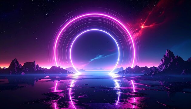 Glowing rings over a still, alien lake
