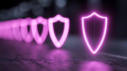Neon pink shield symbols in a row, glowing on a dark surface with depth of field effect