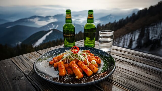 Culinary Travel & Restaurant Photo: Spicy Korean Tteokbokki and Beer in a Scenic Snowy Mountain Landscape, Adventurous Winter Food