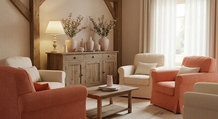 Obraz premium Cozy Living Room with Beige and Coral Armchairs and Wooden Sideboard in Bright Natural Light