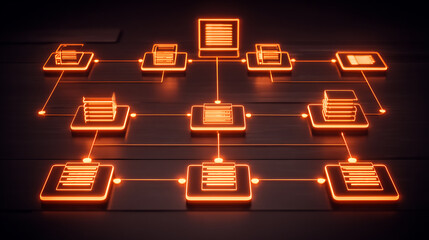 Neon orange network diagram illustrating interconnected data nodes on a dark surface