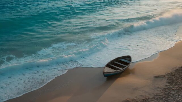 Empty wooden rowboat beached on a sandy shore with turquoise ocean waves wooden boat