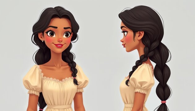 Young woman character design sheet. Front, side views of brunette girl with long braided dark hair in vintage cream dress. Digitally drawn illustration with slight vignetting, suitable for animation,