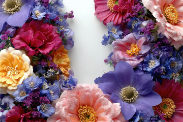 A vibrant border of mixed flowers frames a clean white center, showcasing petals in pink, purple, yellow, and blue with soft natural lighting, rich texture, and delicate detail.