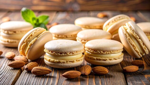 Light beige macarons on a wooden table