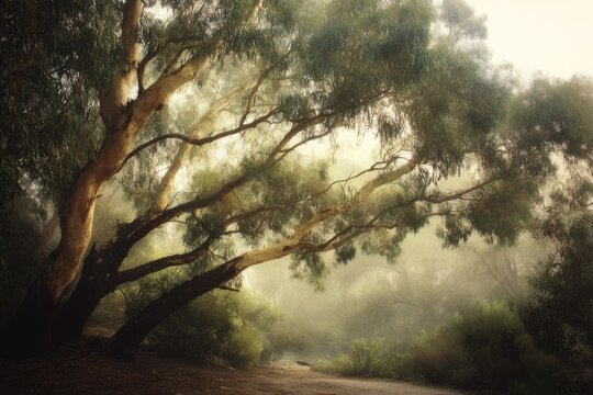 Misty forest path with towering trees - Powered by Adobe