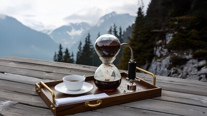 A Luxury Syphon Coffee Set on a Wooden Tray with a Breathtaking Snow-Covered Mountain View, Perfect for High-End Coffee Brand Commercials and Winter Travel Advertisements