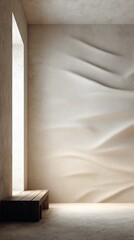 Minimalist Interior with Textured Wall and Wooden Bench Bathed in Natural Light, Serene Empty Room