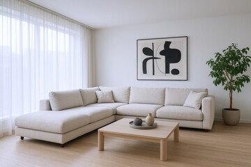 Modern Living Room Interior with Minimalist Design, Comfortable Sofa, Artwork, and Natural Light, Perfect for Relaxation