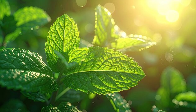 Illuminated Fresh Mint Leaves in Golden Sunlight with Sharp Detail and Dew Drops on a Dark Green Background