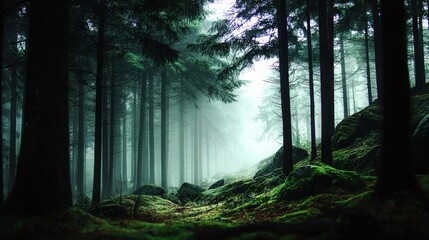 Obraz premium Mystical Forest Landscape with Lush Green Moss and Dense Tree Canopy, Evoking Tranquility