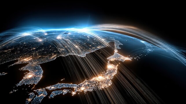 Global Communication Network Illuminating Japan and Asia: Digital Connectivity and Technology Innovation Concept