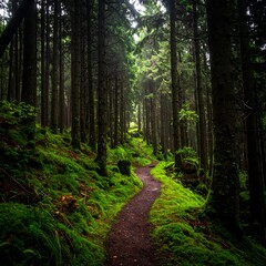 Obraz premium Misty forest path winding through lush greenery