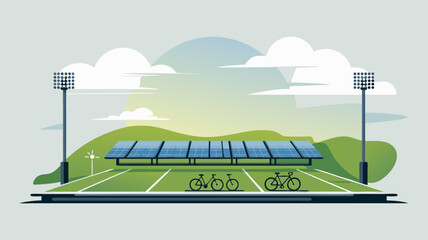 Eco-friendly Stadium with Solar Panels Energy Illustration and Bicycle Parking