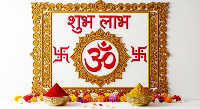 Indian Hindu religious spiritual background with kumkum symbol Swastik or Swastica, om, hindi text 'shubh labh' use for blessing, good luck, god worship, marriage, diwali greeting and religion rituals