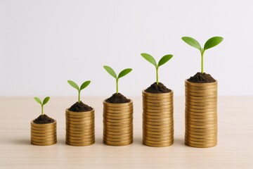Financial Growth Concept: Seedlings Sprouting from Stacks of Coins, Illustrating Investment and Increasing Returns