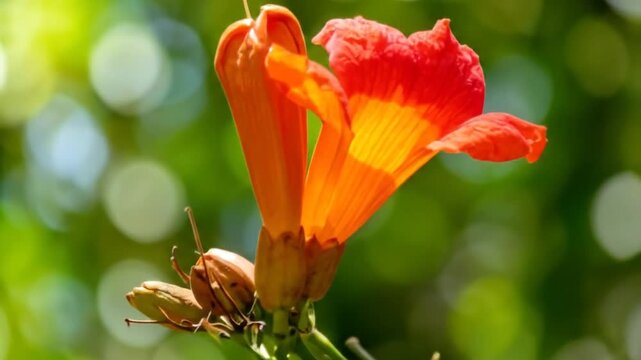 Vibrant Orange Flower Blossom Against Blurred Green Foliage Sunlight Streaming Through Leaves Botanical Beauty Close Up Detail Sunny Outdoor Setting
