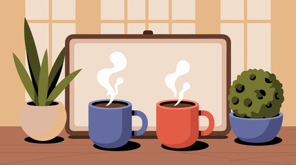 Cozy Coffee Break: Steaming Cups Beside Plants and Framed Art, Relaxing Scene