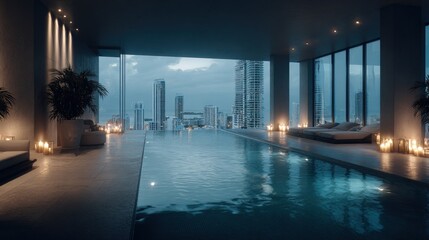 Fototapeta premium Luxury Indoor Swimming Pool at Night with City Skyline View, Modern Interior Design, Relaxation, and Tranquility