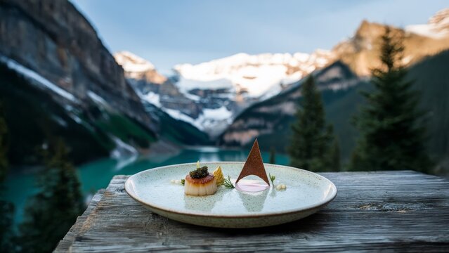 Gourmet Scallop Dish for a Fine Dining and Luxury Travel Campaign, Showcasing an Elegant Meal in a Snowy Alpine Landscape for a Romantic New Year's Eve