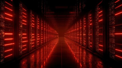 Server Room with Red Lights Reflecting on the Floor Creating an Eerie Cyberpunk Atmosphere