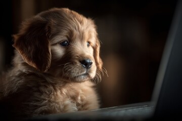 Fearful puppy in the night: laptop adventures. Adorable puppy. How social media quietly rewires the modern human brain. Puppy pondering. Messaging brain shift.