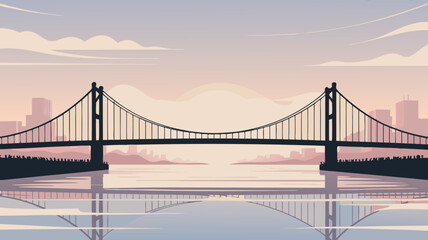 Obraz premium Stylized bridge silhouette over serene water with city skyline reflection and pastel sky