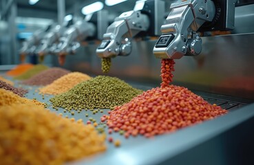 Automated robotic line dispenses pet food ingredients. Shiny metal machinery ensures quality and consistency for varied batches of food. Close-up on ingredient piles, showcasing manufacturing process.