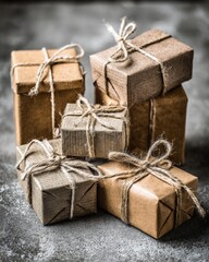 Stacked Gift Boxes In Rustic Wrapping
