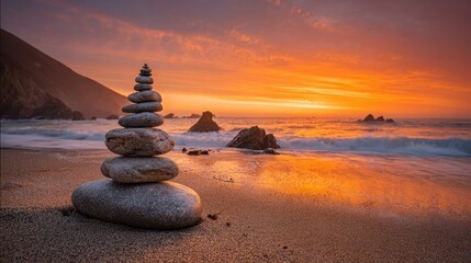 Coastal Sunset With Stacked Stones