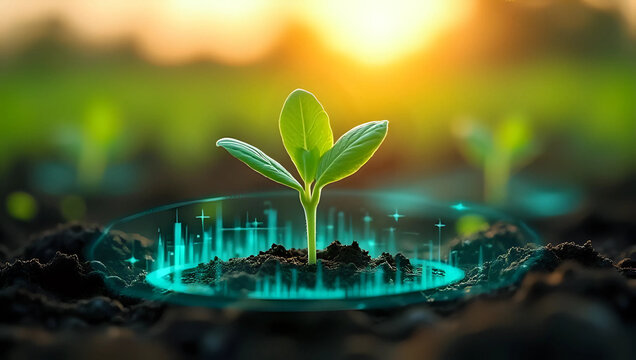 A green plant sprouting from soil with real-time holographic growth monitoring interface - high tech farming, advanced agriculture tech, environmental protection, modern digital farming, sustainable 