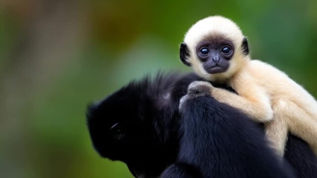 Close-up of a black and white monkey with a young one clinging to its back against a blurred green background.