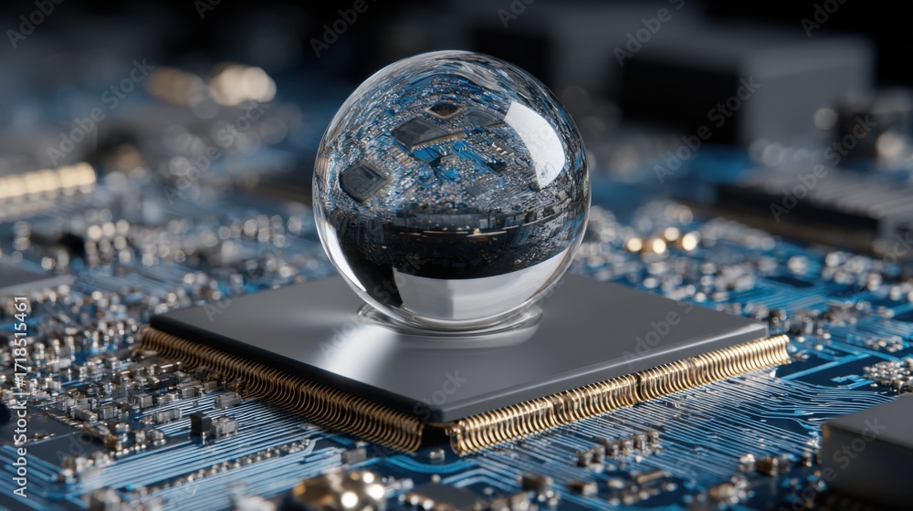 Aufkleber crystal ball on computer processor chip: technology innovation and future computing concept
