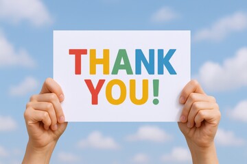 Holding Thank You Sign Against a Cloudy Sky, Expressing Gratitude and Appreciation for Kindness
