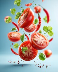 Fototapeta premium Fresh Tomatoes, Chilies, and Basil Leaves Falling with Blue Background for Culinary Advertising