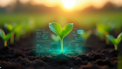 A green plant sprouting from soil with real-time holographic growth monitoring interface - high tech farming, advanced agriculture tech, environmental protection, modern digital farming, sustainable 